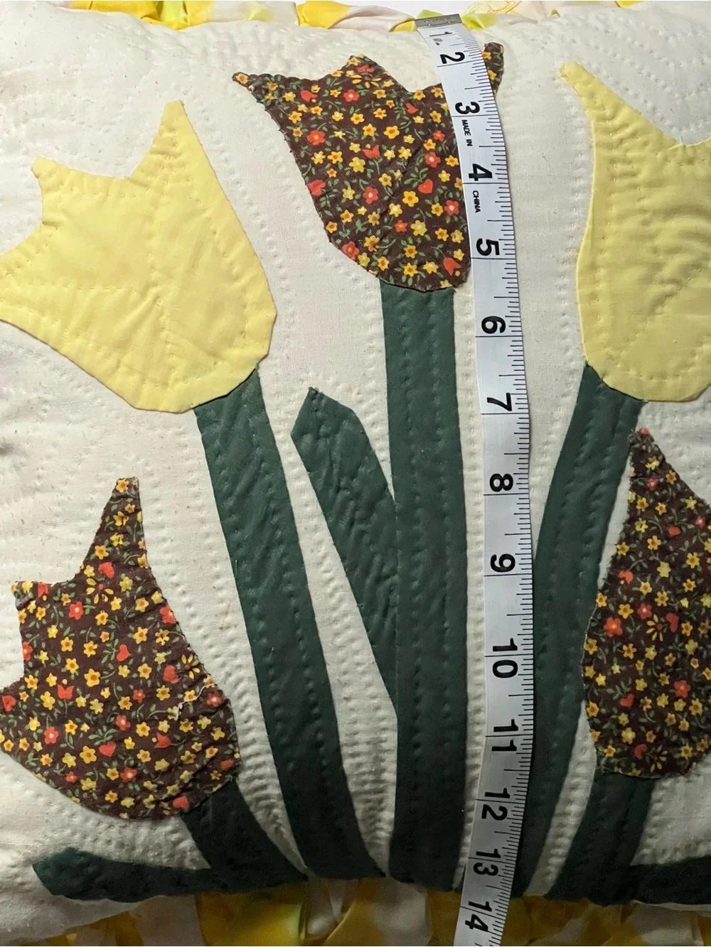 Vintage set of twoYellow Tulip Quilted Pillows with Ruffle Trim